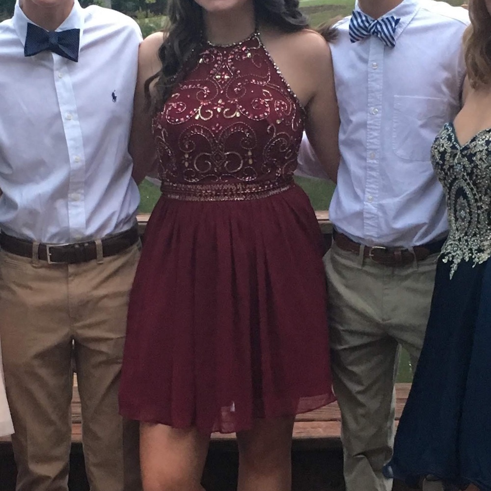 Burgundy and gold homecoming dress